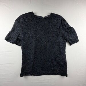 Royal Feelings Beaded AOP Silk Top Vintage Womens Large Black S/S Evening 0202